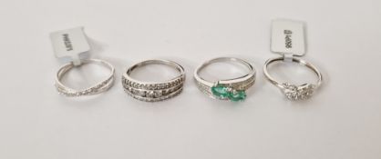 Platinum, diamond and green stone dress ring size Q, two platinum and diamond dress rings both