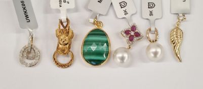 Gold coloured metal and malachite pendant, 9k gold pearl and diamond pendant, 9k diamond pendant, 9k