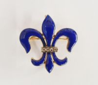 14K gold and blue enamel and diamond set fleur-de-lys brooch set four tiny diamonds, 2.25cm wide,
