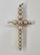 Antique gold-coloured metal and pearl cross brooch pendant/pendant set with graduated blister