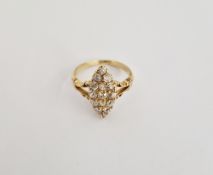 Gold and diamond marquise dress ring, set multiple old cut stones with scrolled shoulders size N1/2