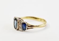 18ct gold, sapphire and diamond dress ring set three oval facet-cut sapphires interspersed with