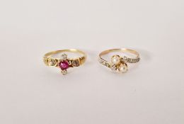 Gold ruby and diamond ring, set central ruby and old cut diamonds size N, and a gold and pearl ring,