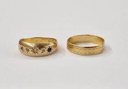 18ct gold ring (worn and stones missing) size N1/2  and a 22ct gold wedding ring (worn) size M1/2,