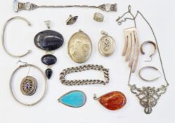 Silver and marcasite pendant with silver chain link necklace, arabesque-pattern, and a small