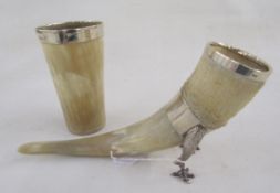 Silver-mounted horn vase mounted with silver collar and feathered bird-shaped legs and claws,