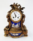 Late 19th century French Sevres-style gilt-metal, porcelain and enamel mounted mantel clock,