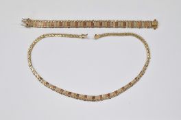 9ct three colour gold graduated collarette necklace with matt finish and matching bracelet, 26.3g