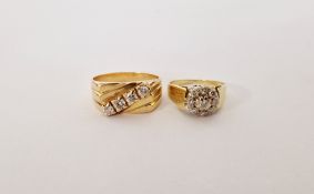 18ct gold and diamond cluster ring (with wear) size I, and a gold-coloured metal and diamond ring