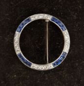 Diamond and sapphire circlet brooch, set four series of four square-cut sapphires and five