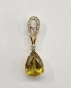 18ct gold, green stone and diamond pendant/brooch, the pierced teardrop loop set with border of