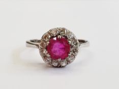 18ct white gold, ruby and diamond cluster ring set centre ruby with surround of 12 diamonds size