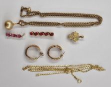 9ct gold herringbone link chain with yellow pearl and small diamond pendant drop, a 9ct gold fine