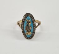 Antique gold-coloured metal ring with old cut diamonds and turquoise coloured glass, marquise