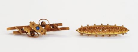 9ct gold bar brooch, torpedo-shaped set two tiny cultured pearls and another, twin bar and set