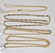 Four gold chains, mainly 9ct, 14g total