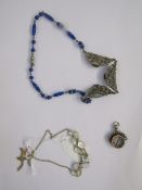 Edwardian silver compass fob, a white metal gem set necklace, possibly moonstone and a white metal