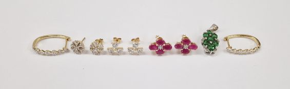 Two pairs of 18K gold and diamond earrings, a pair of 9K gold and diamond earrings, a pair of pink