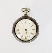 George III silver pair-cased pocket watch, the enamel dial with Roman numerals denoting hours,