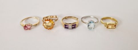 18ct gold and yellow stone dress ring size J, 14ct purple and white stone dress ring size K and