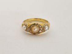 Gold pearl and diamond dress ring, set three pearls surrounded by small old cut diamonds size J