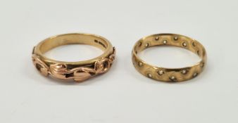 9ct gold ring applied scrolling leaves in Art Nouveau-style size M1/2, and a 9ct gold eternity and a