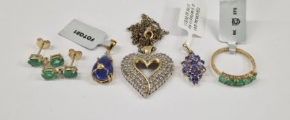 9K gold and emerald ring size P1/2, pair 9K gold, emerald and diamond drop earrings, 9K gold and