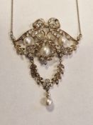 Mid-Victorian diamond and pearl pendant and necklace, the pendant set three natural pearls on