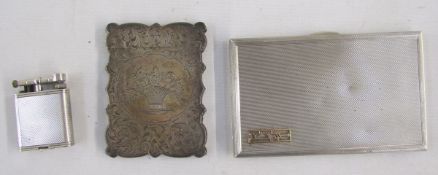 Silver cigarette case, engine turned, applied with initials JP, London 1945, Victorian silver card