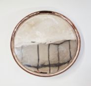 A silver plated salver on three acanthus decorated supports, beaded rim, 36 cm diam.