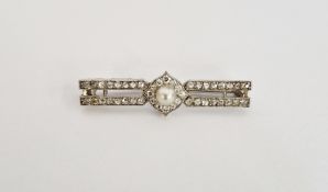 Diamond and pearl bar brooch set numerous tiny diamonds in twin bars and centred by single