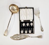 A pair of silver plate fish servers, pierced and foliate design, silver plate soup ladle and a cased