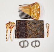 Pair of 19th century marcasite buckles, each of oval form with three rows of entwined polished