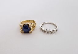 9ct yellow gold, diamond and blue stone dress ring, cabochon stone possibly cat's eye size N and