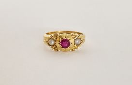 Antique 18ct gold, ruby and pearl ring, the ruby in star setting flanked by pair pearls size K