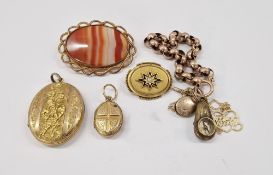 Two gold plated lockets, agate set brooch, gold coloured metal bracelet with watch key, compass
