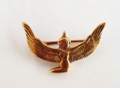 Egyptian gold-coloured brooch in the form of kneeling wind sphinx, 3cm wide, 3.3g approx.