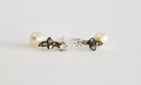 Pair pearl and diamond drop earrings, each set single cultured pearl below trefoil of diamond set