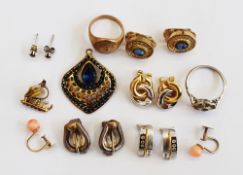 9ct gold signet ring with intaglio crest size I, approx. 5g, pair 9ct gold and coral earrings, and a