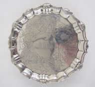 Georgian silver card tray, with pie crust and scallop shell decorated border, coat of arms to the