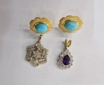 Pair 18ct gold and turquoise earrings, each with oval stone within scalloped matt border, a 18ct