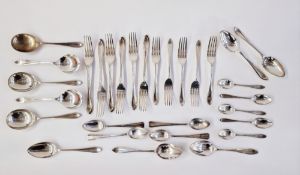 Assorted silver plated flatware, a mother of pearl plated cake knife, butter knife, bone handled