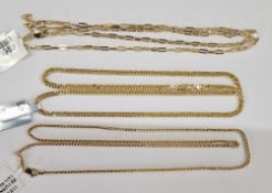 Two 9ct gold curb-type chains, 7.6g and a 18ct gold rectangular link chain, 3.4g (3)  Condition