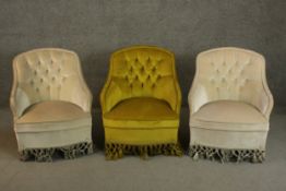 A set of three matching small Victorian style armchairs, two upholstered in beige, the other in