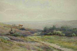 K. M. Broomhead, Landscape with Cattle, watercolour, signed lower left. H.47 W.58cm.