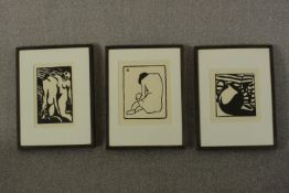 Horace Ascher Brodzky (1885 - 1969), Expulsion, Seated Nude and still life, lino cuts, numbered in