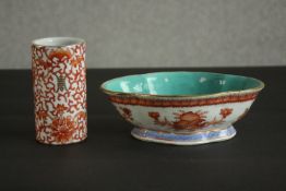 A 20th century hand painted Chinese brush pot decorated with lucky bats, flowers and Chinese symbols