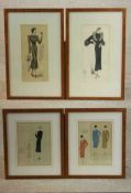 Four framed and glazed vintage fashion design prints. Each showing different outfits or fashion
