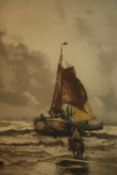 A framed and glazed hand coloured etching of a fishing boat. Maris pinxit, sculpt G.Liugini. H.70