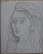 After Pablo Picasso, Jacqueline , 1962, Linocut, dated in plate. Label verso. H.36 W.31cm